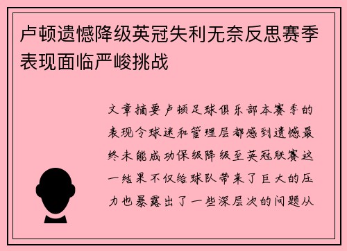 卢顿遗憾降级英冠失利无奈反思赛季表现面临严峻挑战