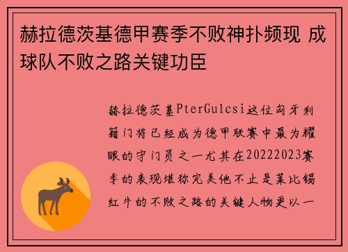 赫拉德茨基德甲赛季不败神扑频现 成球队不败之路关键功臣